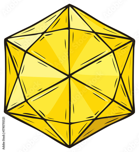 Bright Yellow Geometric Crystal Faceted Icosahedron Shape Illustration
