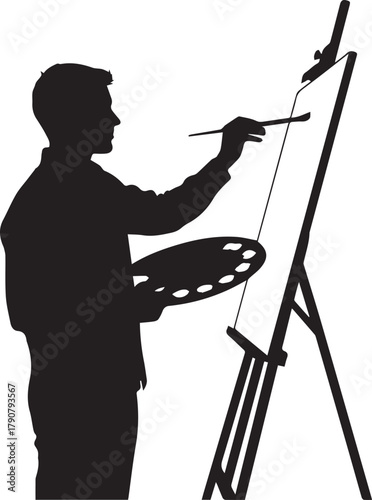 Silhouette of a painter artist at an easel with brush and palette creating masterpiece