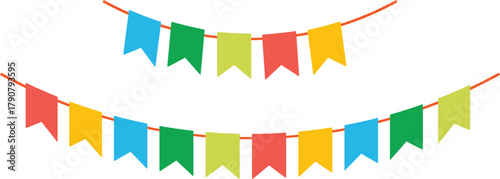 Colorful bunting flags on string for birthday party decoration, holiday anniversary fabric garland design, modern festive hanging decor. Isolated. Vector illustration
