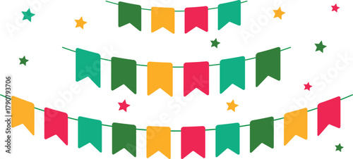 Colorful bunting flags on string for birthday party decoration, holiday anniversary fabric garland design, modern festive hanging decor. Isolated. Vector illustration