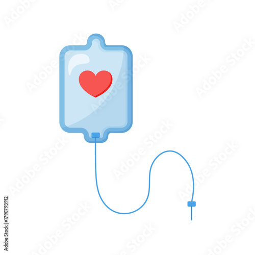 Medical  drip isolated on transparent background. Plastic drip bag with heart. Medical treatment and therapy. Medical tools. Single item. Cartoon flat style. Simple icon.  Vector illustration.