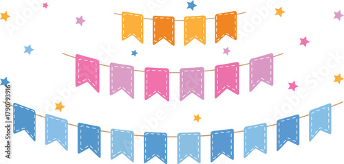 Colorful watercolor carnival garland with flag. Decorative colorful party pennants for birthday celebration, festival decor. Colorful bunting flags.