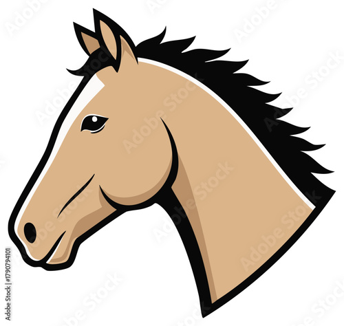 Stylized illustration of a horse head in profile, beige and black colors, vector design