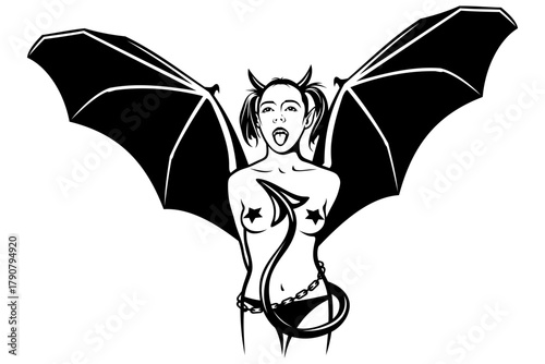 Sexy Devil Girl with Spread Wings. Black and white vector drawing in pin up style.