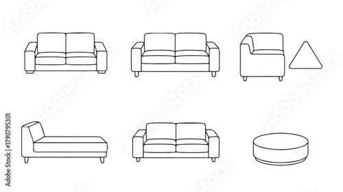 Vector illustration set of furniture icons and transport symbols including car, truck, bus, and sofa collection