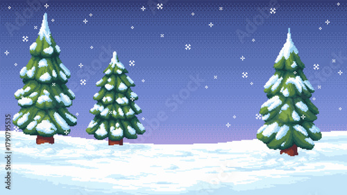 Vector winter landscape with snowy pine trees and falling snowflakes