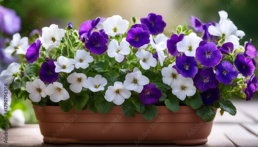 Fototapeta premium vibrant violet and white flowers in a pot