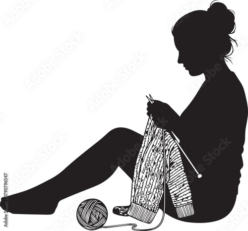 Silhouette of woman enjoying knitting hobby peaceful leisure activity creative crafting indoor