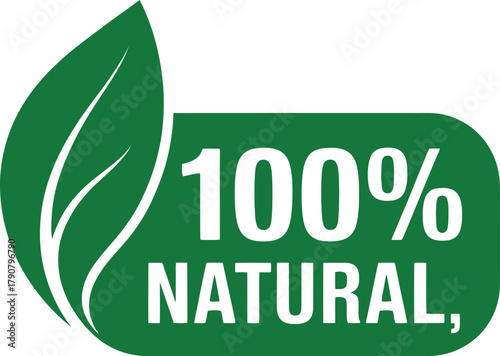 100% natural logo with green leaf and text