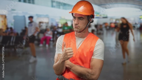 Man in orange safety vest and hardhat gives thumbs up with a puzzled expression in a busy airport terminal; doubt reluctant approval.