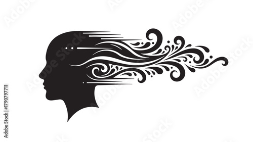 Black vector illustration of a vintage floral silhouette of a woman's profile head decoration
