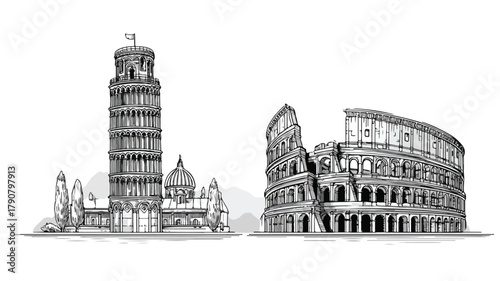 Iconic Tower of Pisa and Colosseum Vector Illustration for Creative Projects