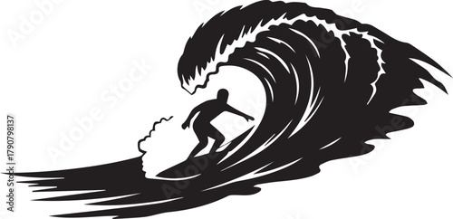 Dynamic silhouette of a surfer riding a large crashing wave capturing action and adventure