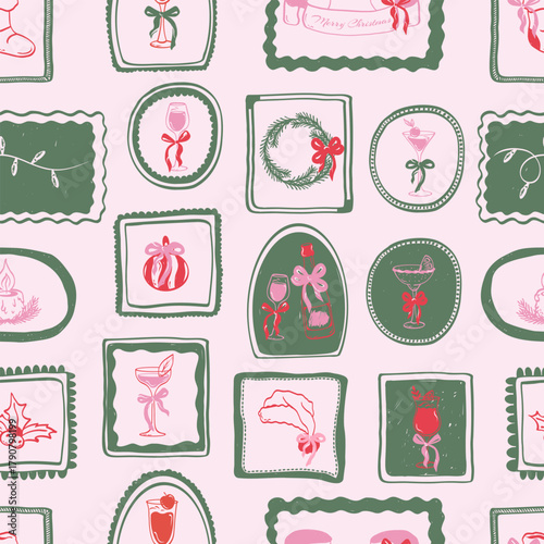 Christmas holiday doodle hand drawn seamless pattern. Glasses of champagne, gift, bows, candy, garlands, ashberry, candle. Vector illustration.