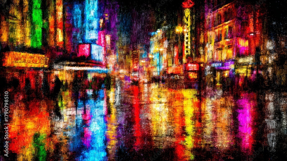 Naklejka premium Modern painted cityscape with glowing neon reflections on wet streets in vibrant impressionist urban scene