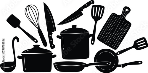 Kitchen utensil set black silhouette vector illustration with cooking theme