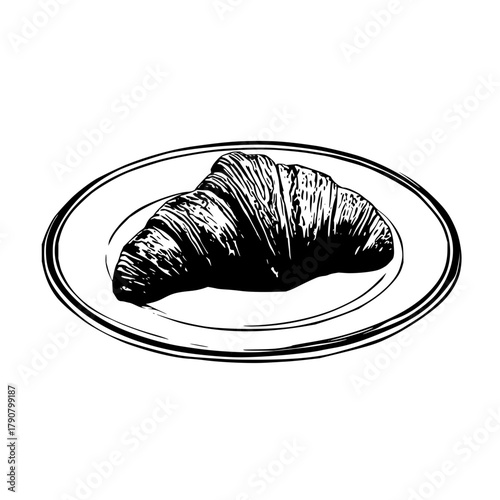 A black and white sketch of a croissant on a plate with a double rim viewed from a high angle shot