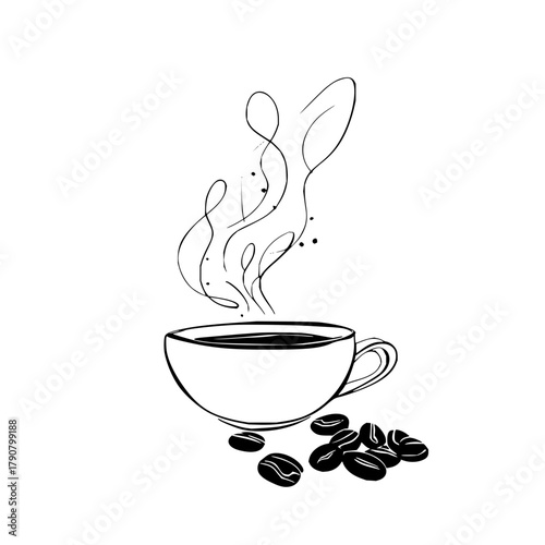 A steaming cup of coffee with scattered coffee beans in a minimalist black and white line drawing style