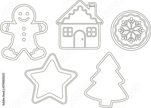Festive christmas cookie outlines of gingerbread man house star tree and snowflake