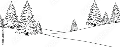 Snowy winter landscape with evergreen trees and a light blue mountain backdrop