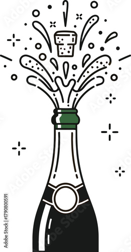 Champagne bottle popping with cork flying out in celebration on a white backdrop