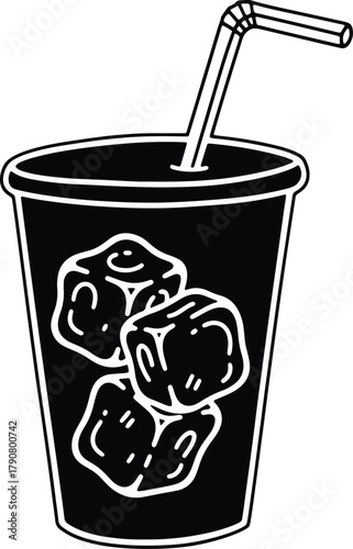 Refreshing cold beverage in a cup with ice and straw illustration