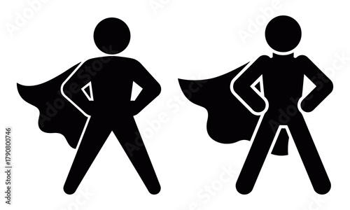 Heroic person icon silhouette with cape symbol representing courage and confidence, strong standing posture vector for motivation, power, and leadership concept illustrations