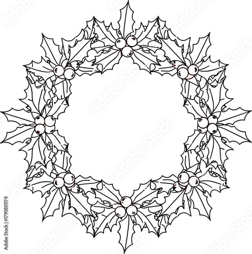 Watercolor christmas wreath with holly berries and leaves on a white background