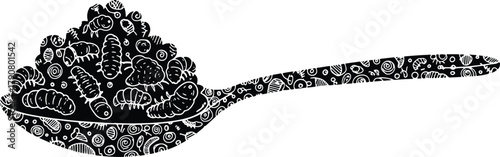 Spoon filled with doodle style worms and abstract shapes design