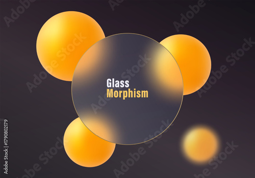 Dark gradient background with a circular glass panel and glowing orange 3D spheres in a modern glassmorphism style