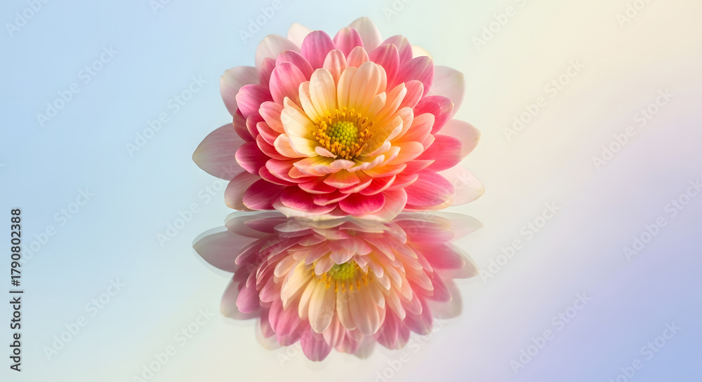 Obraz premium Beautiful pink dahlia flower bloom with reflection floral photography nature blossom petal close up shot 100