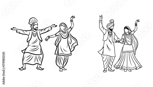 A set of Punjabi tradition dance outlines celebrating Indian festival Lohri.