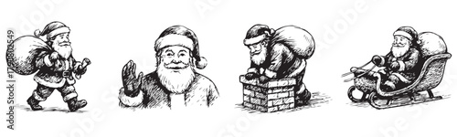 Four different santa claus with different poses and one of them is holding a bag. The image is black and white