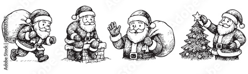 A series of black and white images of Santa Claus and a Christmas tree. The images are all different, but they all have a similar theme of Christmas