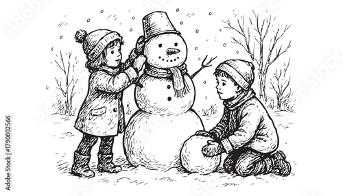 Two children are playing in the snow, one of them is building a snowman. The snowman is wearing a hat and scarf