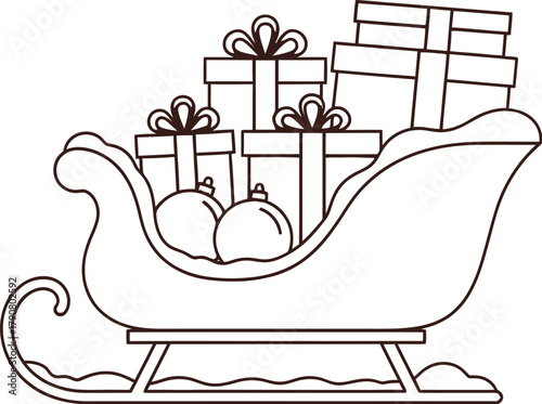 Festive christmas sleigh filled with presents and ornaments ready for holiday delivery