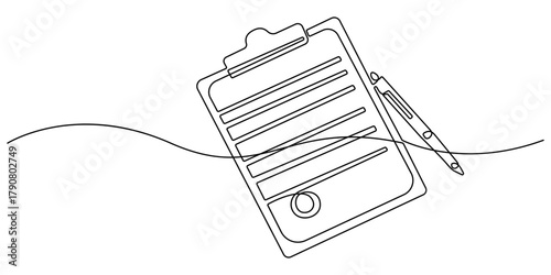 Continuous one line art drawing of clipboard with a checklist design. clipboard with a checklist one line vector illustration. Continuous line drawing of hands signing a document with a pen