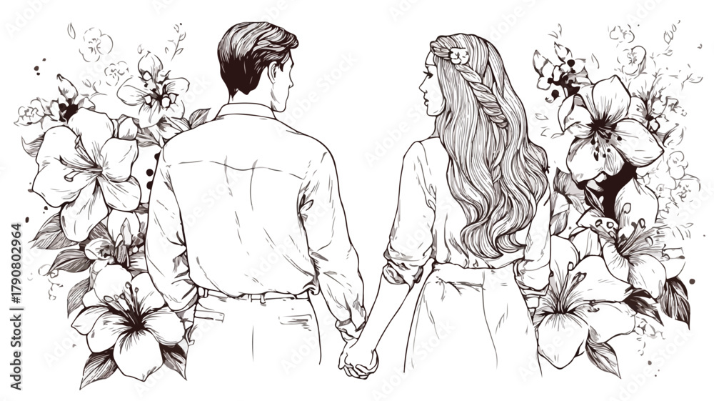 Obraz premium Romantic Couple Holding Hands Decorated with Flowers Vector Set