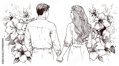 Romantic Couple Holding Hands Decorated with Flowers Vector Set