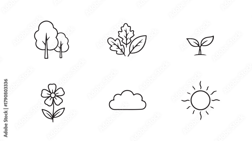Obraz premium A set of black vector icons with a floral nature design, featuring elements like flowers, leaves, the sun, and clouds, perfect for an illustration or tattoo pattern