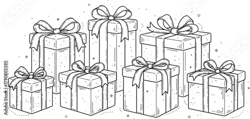 Hand drawn illustration of gift boxes with ribbons for coloring or design