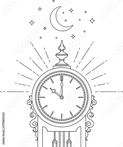 Antique grandfather clock with moon and stars in a minimalist line art style