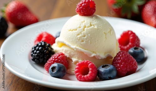 A scoop of vanilla ice cream sits atop a plate surrounded by fresh raspberries, blueberries, and blackberries. Bright, delicious dessert scene ideal for food blogs, menus, and product showcases.