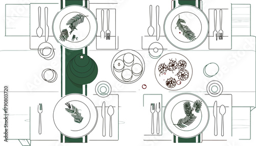 Festive christmas table setting with evergreen branches and holiday decorations