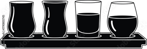 A collection of glasses filled with liquid in a tray design