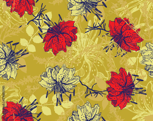 Seamless Floral Pattern in vector.Wild flowers, leaves, branches, candies repeat pattern design set.Handmade. Wallpaper, fabric or design of gift paper. Vector illustration.Print for bed linens.