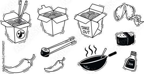 Asian Food Doodle Set with Noodles Sushi and Fortune Cookie