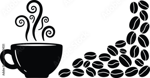 Aromatic Coffee Cup with Coffee Beans in Black and White Illustration