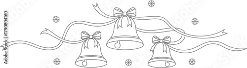 Three christmas bells with ribbons and snowflakes on a white background design