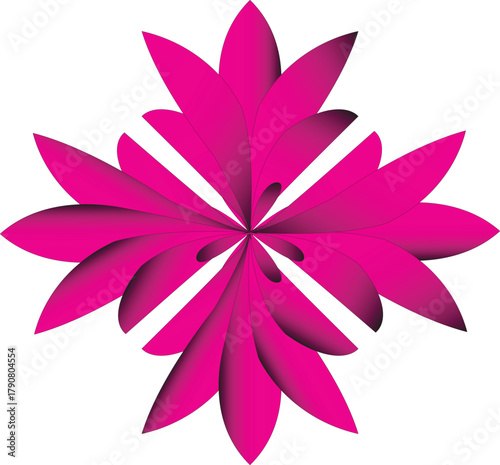 Vibrant pink ornamental flower shape with symmetrical petals and elegant shading isolated on a dark background